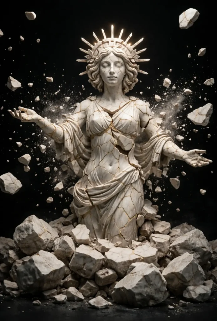 Floating classical statue of a woman with outstretched arms surrounded by broken stone pieces