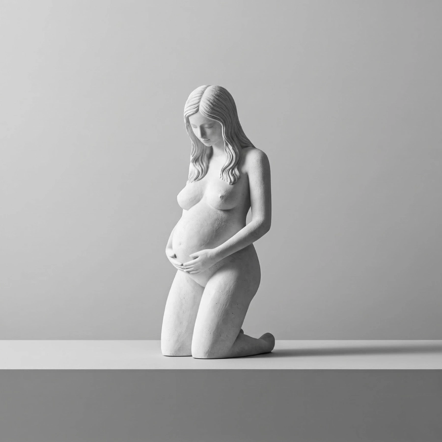 Full body classical statue of a pregnant woman holding her stomach