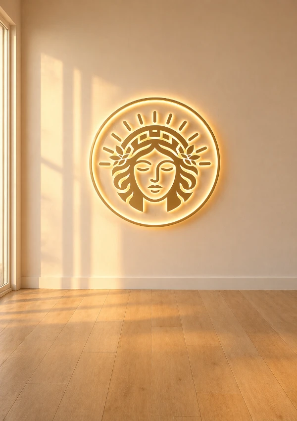 Golden circular logo of a woman's profile with a radiant crown, illuminated on a neutral wall