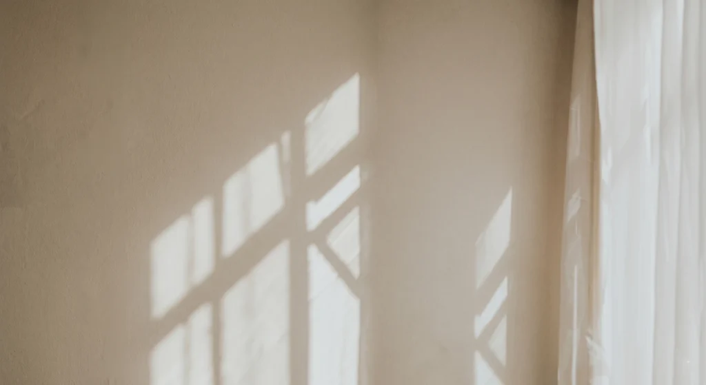 Sunlight streaming through sheer curtains, casting windowpane shadows on a neutral wall.