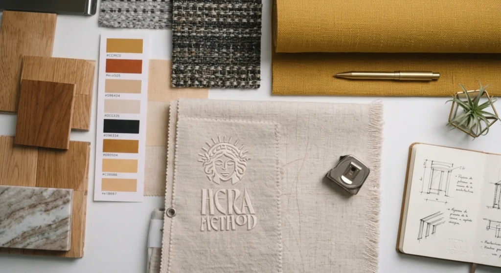Interior design mood board with wood, fabric, paint swatches, and marble samples.