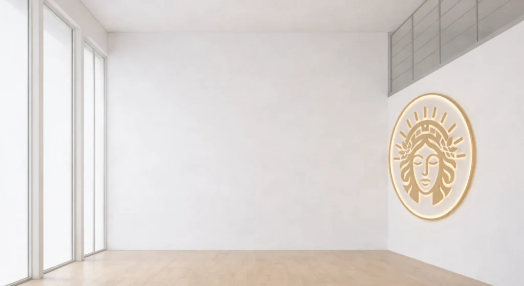 Minimalist white room with large windows and a circular golden logo featuring a face