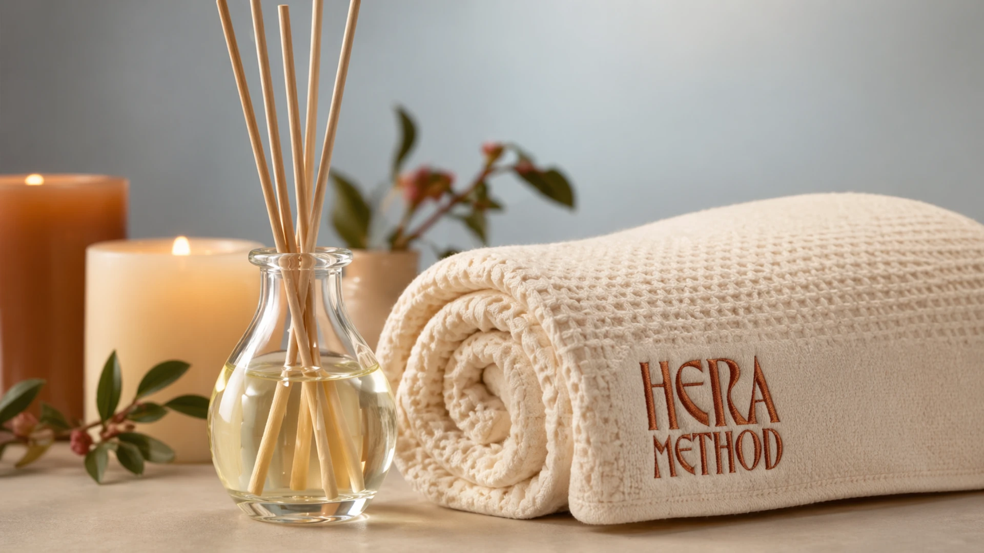 Rituales: Cozy spa scene with reed diffuser, candles, and Hera Method towel